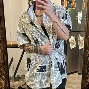 Oversized Newspaper Print Button-up Tee